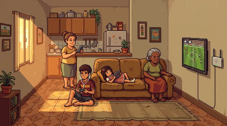Ilustração em pixel art de uma sala de casa com a família toda conectada ao mesmo tempo: a mãe no celular, o filho jogando no telefone, a menina no tablet, a avó vendo futebol na TV, e o roteador Wi-Fi na parede.